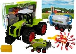 Farmářský set vozidel s traktorem, cisternou, zavaděčem sena a lisem