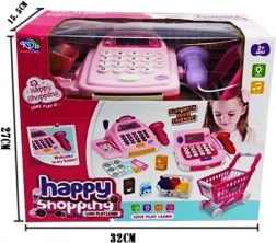 Pokladna se supermarketovým vozíkem a nákupy