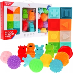 Mega sada 20 smyslových míčků, kostek a zvířátek pro děti 6m+