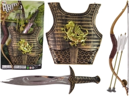 Dětský samurajský kostým se zlatým brněním, lukem a mečem