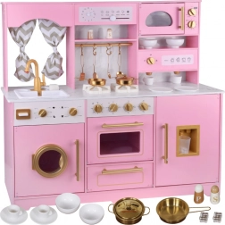 Velká dřevěná dětská kuchyňka glamour s růžovým mramorem a zlatými doplňky