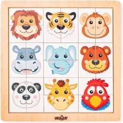 Woody dřevěné puzzle exotické zvířecí hlavičky, 18 dílků