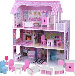 Růžový dřevěný domeček pro panenky s nábytkem a LED osvětlením