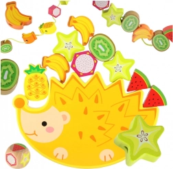 Montessori balanční hra z dřeva ježek s navlékacími ovocnými kostkami