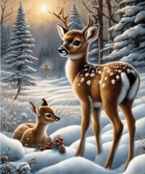 Diamantové malování koloušci v zasněženém lese 30 × 40 cm