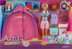 Panenka se stanem a světelným ohništěm 30 cm – kempingový set