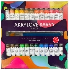 Akrylové barvy 24×12 ml se štětci, na keramiku, sklo, dřevo a papír