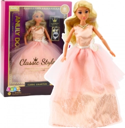 Loutka Anlily pudrové večerní šaty, pohyblivé končetiny, blond vlasy