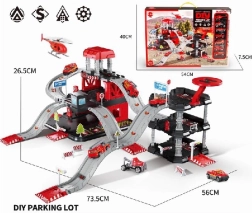 Parkoviště s 6 kovovými auty a helikoptérou