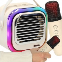 Karaoke set s Bluetooth reproduktorem 10 W, 2 bezdrátové mikrofony a RGB LED – krémový