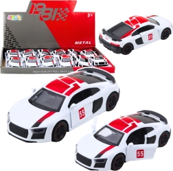 Kovový sportovní vůz 1:43 s pull-back pohonem a otevíracími dveřmi – bílý