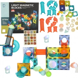 Magnetické stavební kostičky se svítícím kuličkovým tobogánem – 49 ks
