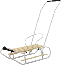 Kovové sáně s tlačnou rukojetí, opěrkou a páskem – bílé