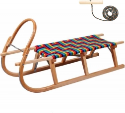 Dřevěné sáňky s textilním sedákem a ocelovými skluznicemi