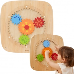 viga dřevěná nástěnná tabule s barevnými ozubenými koly