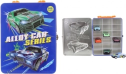 Plechový box na autíčka se sadou 6 kovových vozítek na zpětný chod