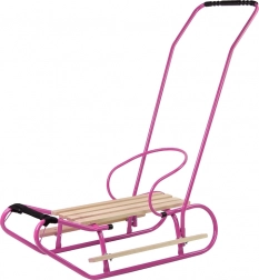 Kovové sáňky s tlačným madlem, opěrkou a popruhem – růžové