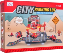 Hasičská garáž s měkkým autíčkem – dvoupatrové parkoviště pro děti