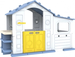 Velký dětský domeček s předsíňkou, basketbalovým košem a dřezem – modrá střecha