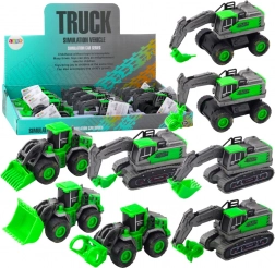 Stavební vozidlo s natahovacím pohonem – mini bagr, nakladač nebo buldozer, zelené