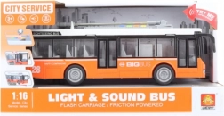 Oranžový hrající a svítící trolejbus na baterie