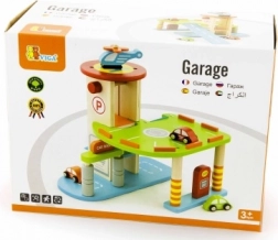 Dřevěná garáž s autíčky a helikoptérou