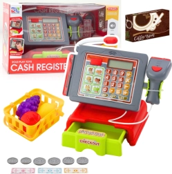 Dětská pokladna s doplňky, košíkem a ovocem – světla a zvuky, červená