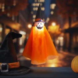 Halloweenská závěsná svítící dekorace dýně s čarodějnickým kloboukem