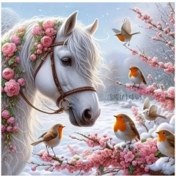 Diamentová mozaika - Kůň v zimě s červenakem