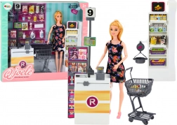 Panenka v supermarketu se stojany, nákupním košíkem a potravinami