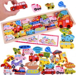 Velká dřevěná abecední sada vozidel – 27 dílů, puzzle a třídění
