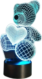 Noční LED lampička Medvídek 3D srdce RGB s dálkovým ovládáním