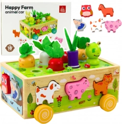 Dřevěná edukativní farma na kolečkách se sortérem a magnetickými červíky
