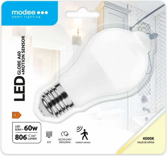 Modee Lighting chytrá LED žárovka A60 8,8 W E27, neutrální bílá s PIR senzorem pohybu