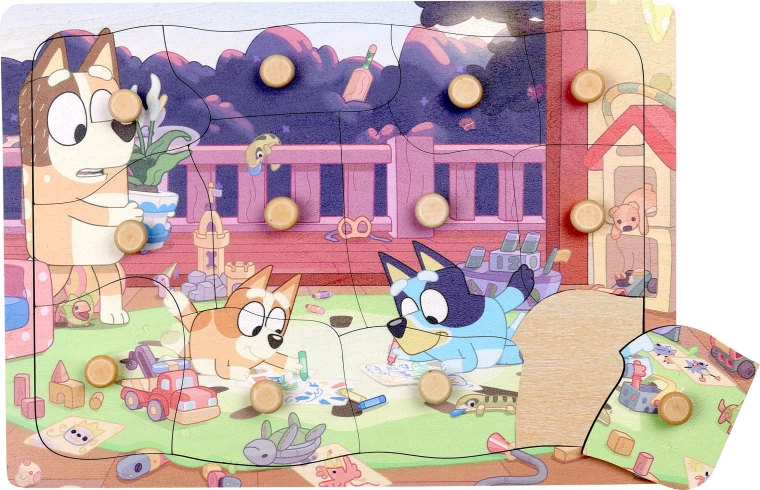 Dřevěné puzzle s úchyty Bluey – 12 dílků