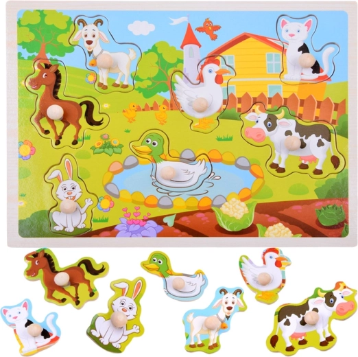Dřevěné vkládací puzzle se zvířátky z farmy – 7 dílků s úchyty