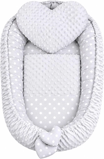 New Baby Luxusní oboustranné hnízdečko pro miminko s polštářkem a peřinkou Minky srdíčko šedé