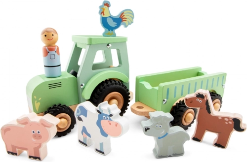 Dřevěný traktor s valníkem a zvířátky New Classic Toys