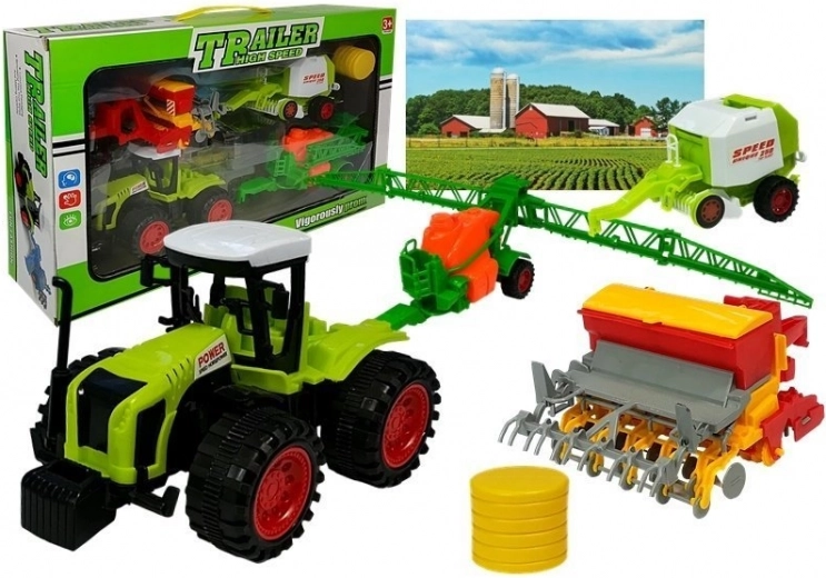 Zábavný farmářský set s traktorem, postřikovačem a lisem