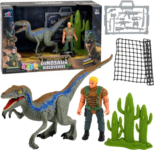 Sada figurky dinosaura a lovce s pohyblivými končetinami, sítí a doplňky - 1 kus