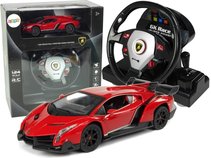 Rc auto lamborghini veneno 1:24 s volantem, zvuky a světly – červené