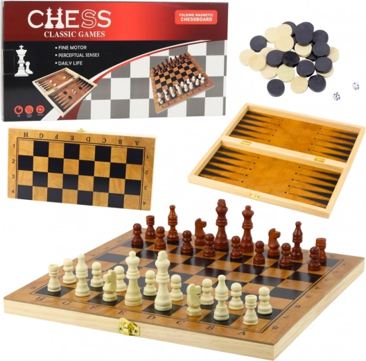 Dřevěná stolní hra 3v1 – šachy, dáma a BACKGAMMON