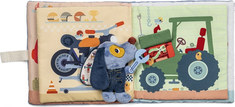 Lilliputiens - Textilní Knížka Pejsek Jules v Garáži