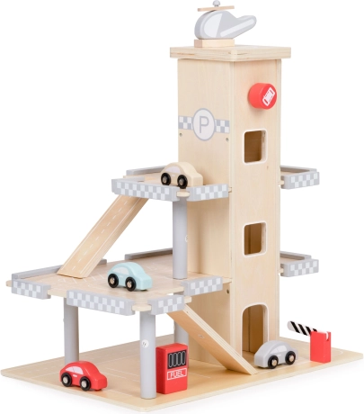 Dřevěná patrová garáž s výtahem a autíčky ECOTOYS