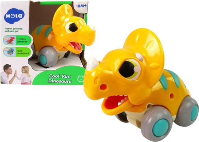 Žlutý dinosaurus na kolečkách triceratops – plastová hračka pro děti