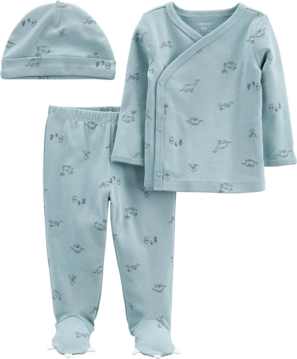 Carter’s 3dílná kojenecká sada Blue Dino – tričko s dlouhým rukávem, polodupačky a čepice