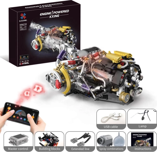 Stavebnice motoru s USB, LED světlem a kouřovým efektem (1394 dílů)