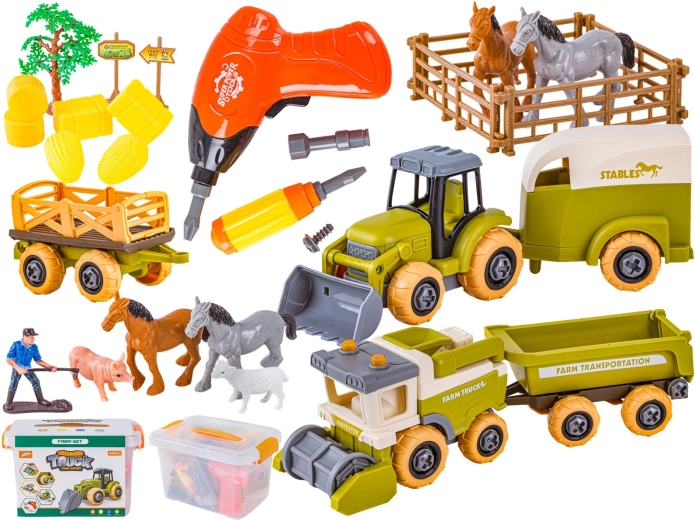 Skládací mini farma – traktor a kombajn se šroubovákem a zvířátky