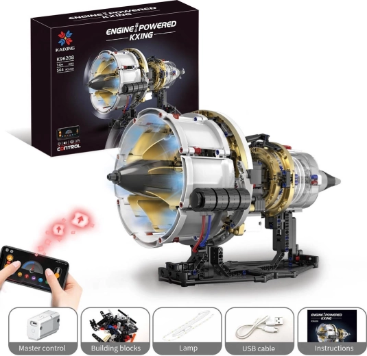 Stavebnice turbínového motoru s USB napájením a LED osvětlením 564 dílů