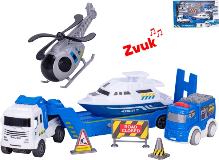 Nákladní auto s policejními vozidly se setrvačníkem a zvukovými efekty 30 cm